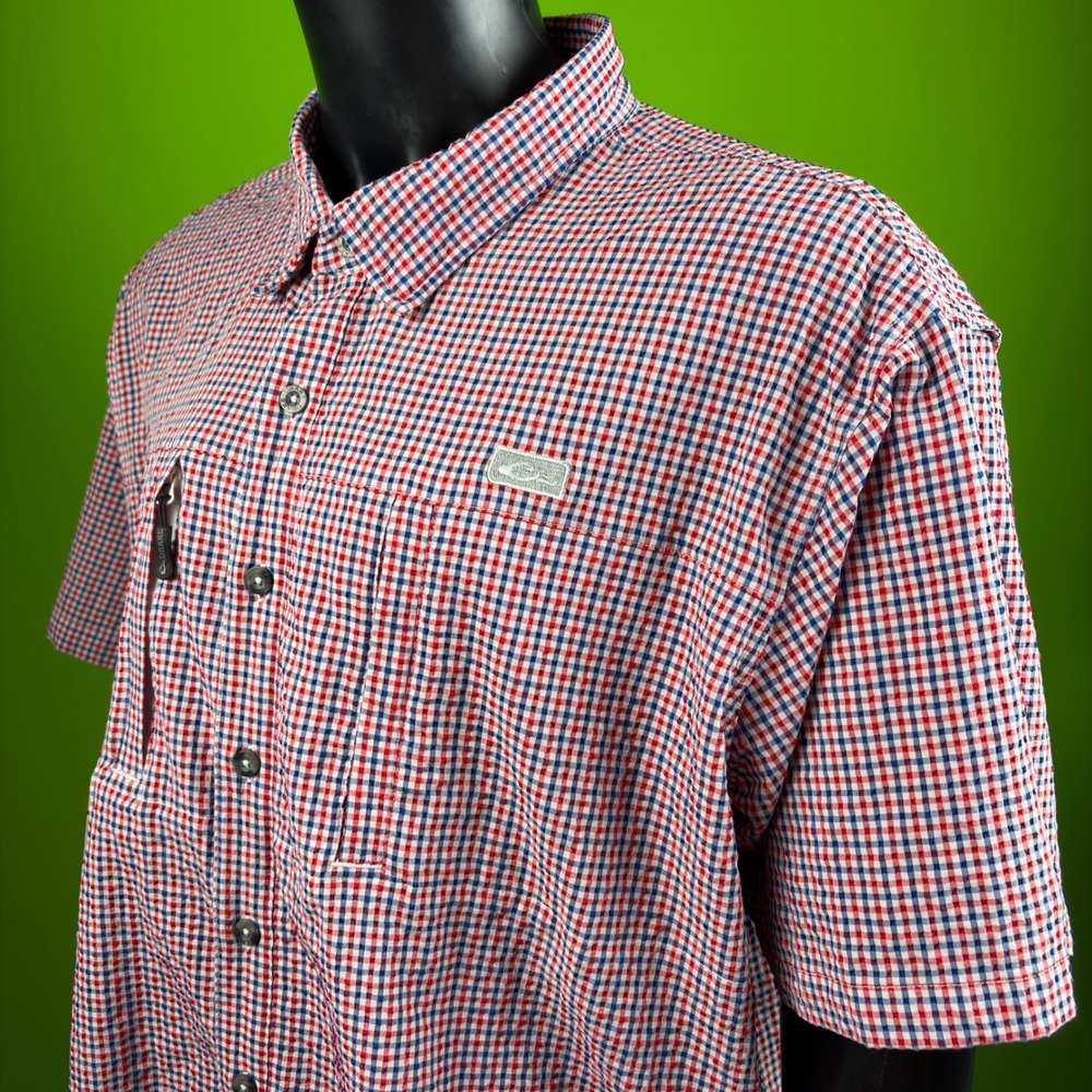 DRAKE WATERFOWL Wingshooter Seersucker Fishing Shirt Mens 2X Magnetic Pocket EUC